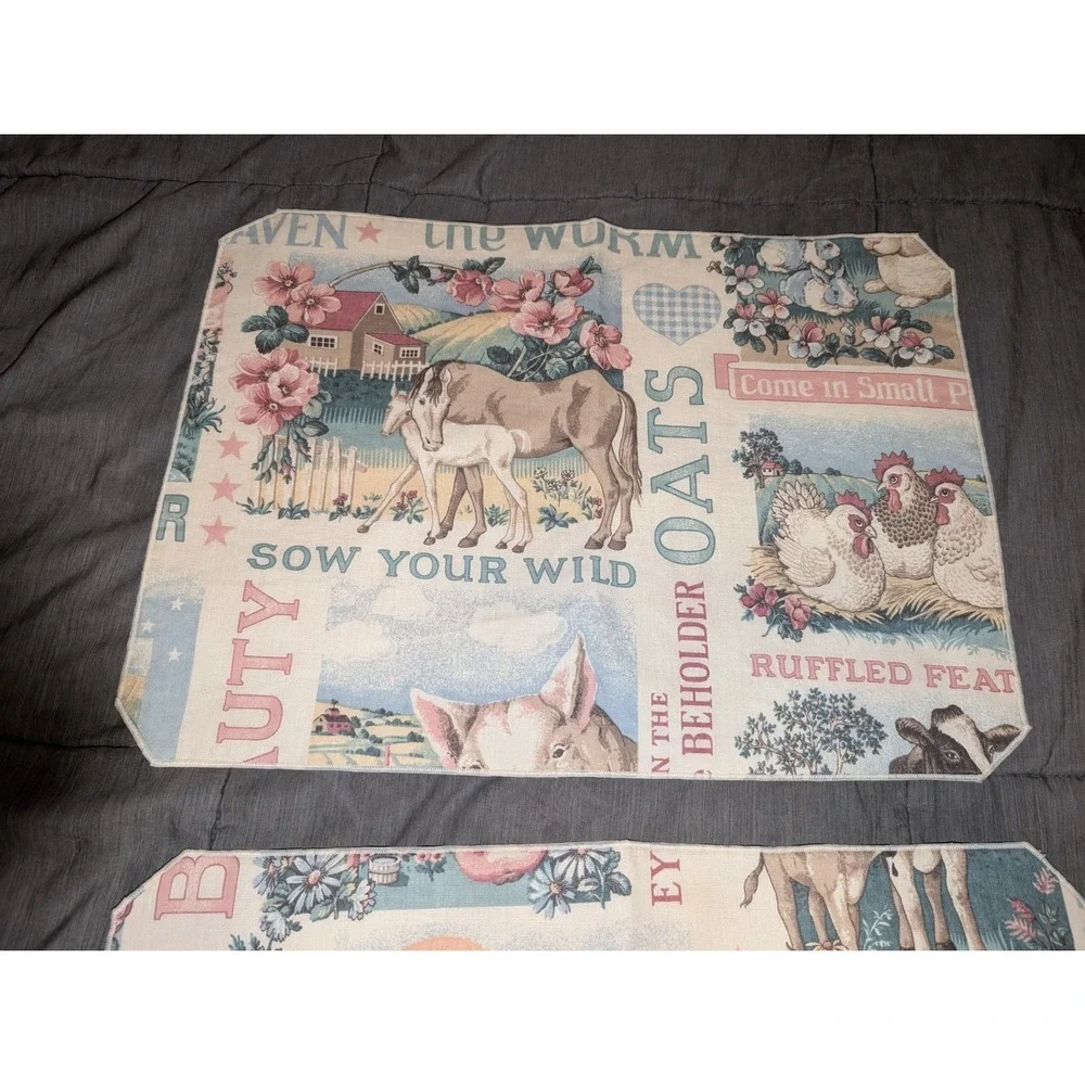 Country Farmhouse Placemats Cotton Depicting Animals w/Checkered Back Reversible